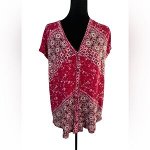 Lucky Brand Red & White Paisley Floral Button-Front Blouse Top - Size M